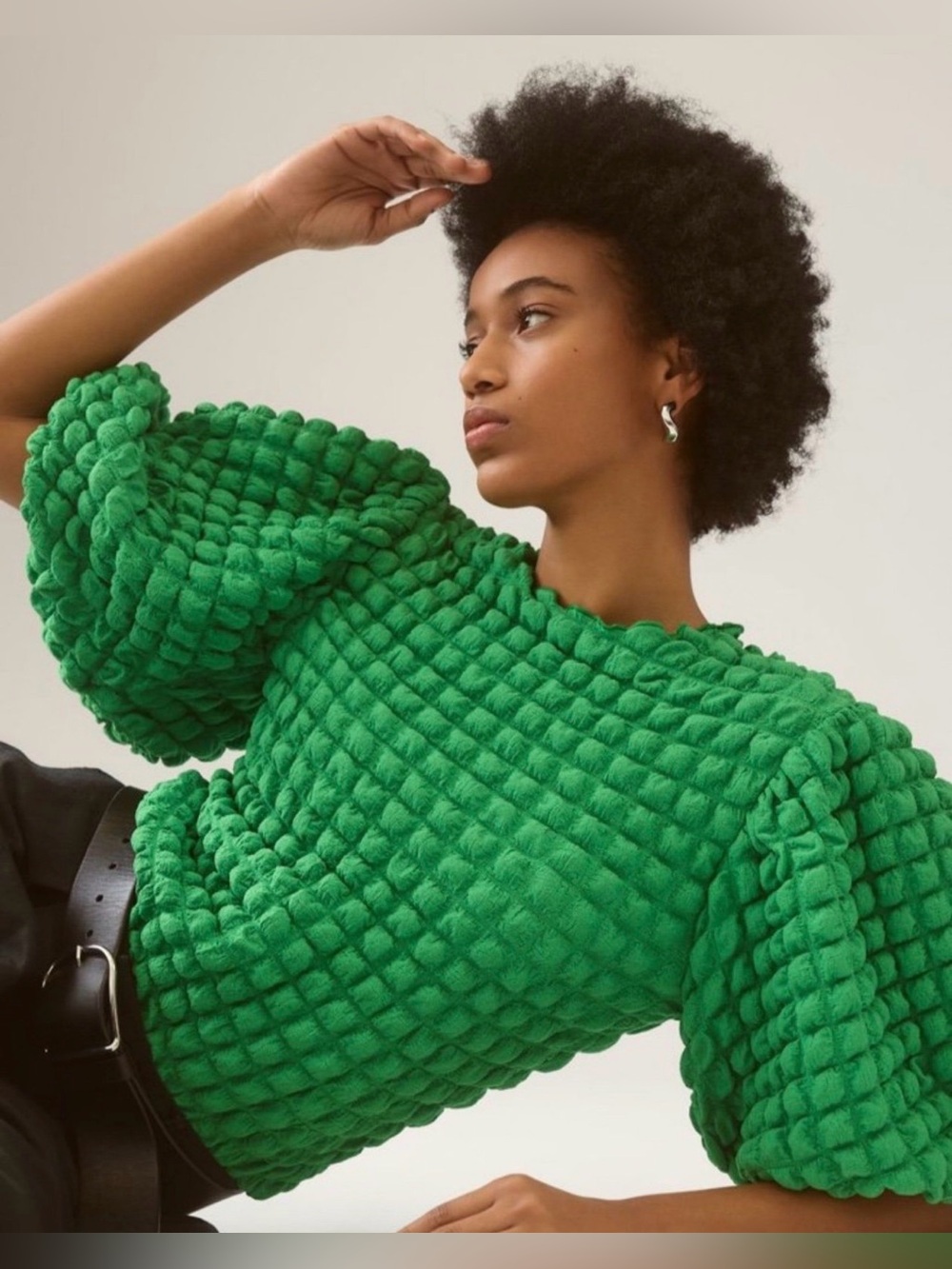 Anthropologie Eri + Ali Green Textured Puff Sleeve Top XXS Bubble Knit Statement